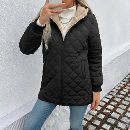 Women's quilted longline puffer coat with fleece-lined hood – Black