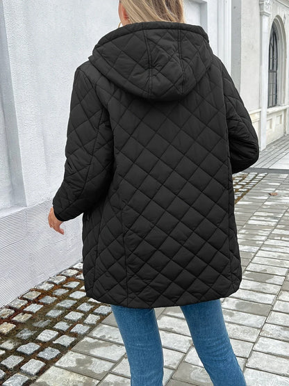 Women's quilted longline puffer coat with fleece-lined hood – Black