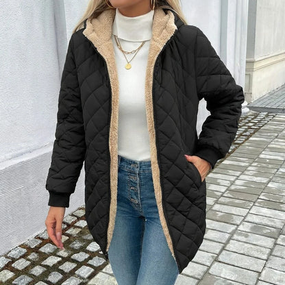 Women's quilted longline puffer coat with fleece-lined hood – Black