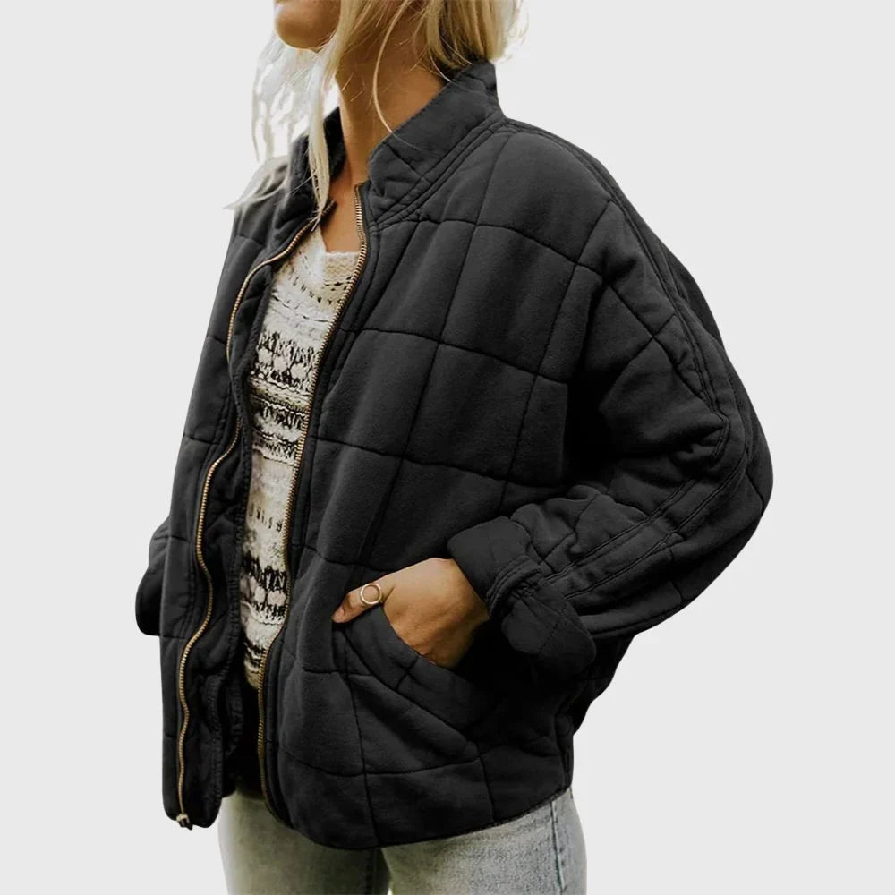 Women's oversized quilted bomber jacket with full zip – Black
