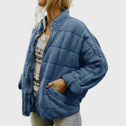 Women's oversized quilted bomber jacket with full zip – Blue