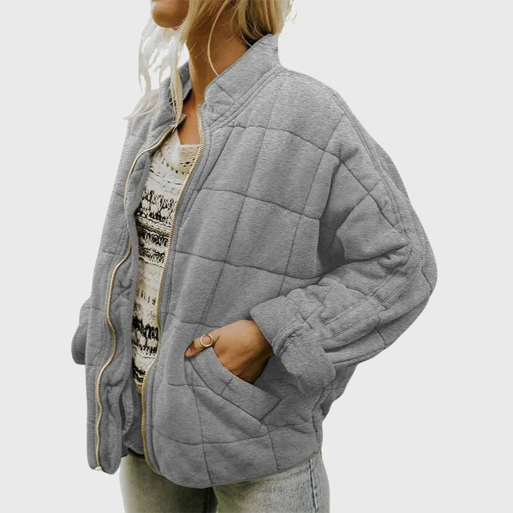 Women's oversized quilted bomber jacket with full zip – Gray