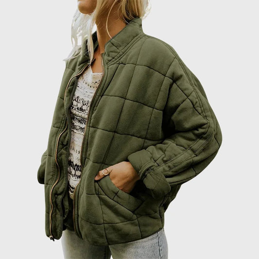 Women's oversized quilted bomber jacket with full zip – Green