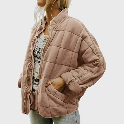 Women's oversized quilted bomber jacket with full zip – Khaki