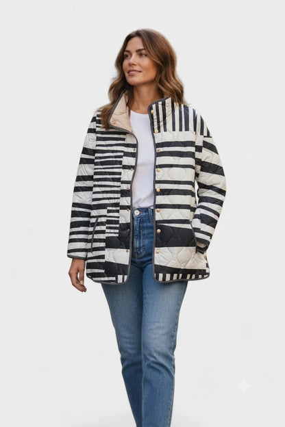 Women's quilted puffer jacket with striped pattern and stand collar – Multicolor