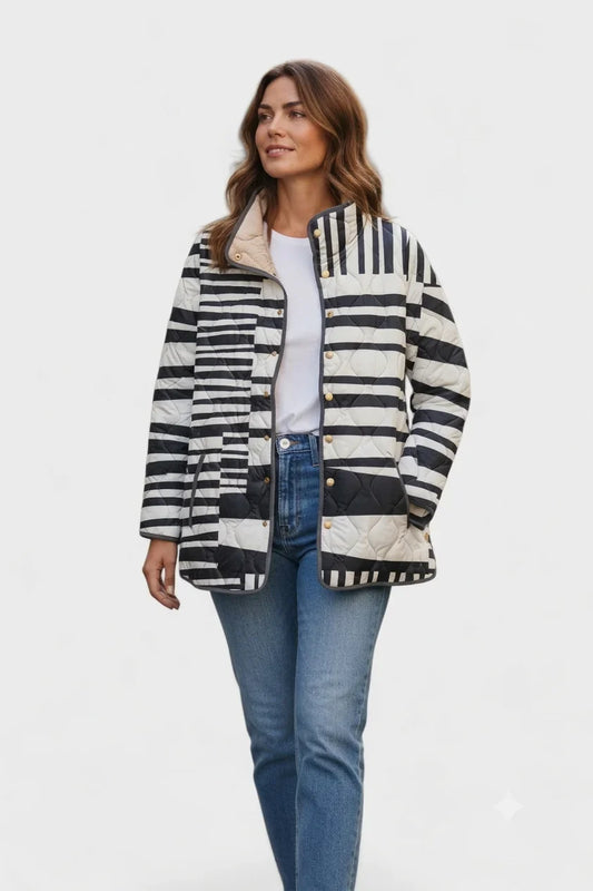 Women's quilted puffer jacket with striped pattern and stand collar – Multicolor