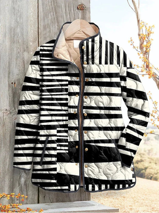 Women's quilted puffer jacket with striped pattern and stand collar – Multicolor
