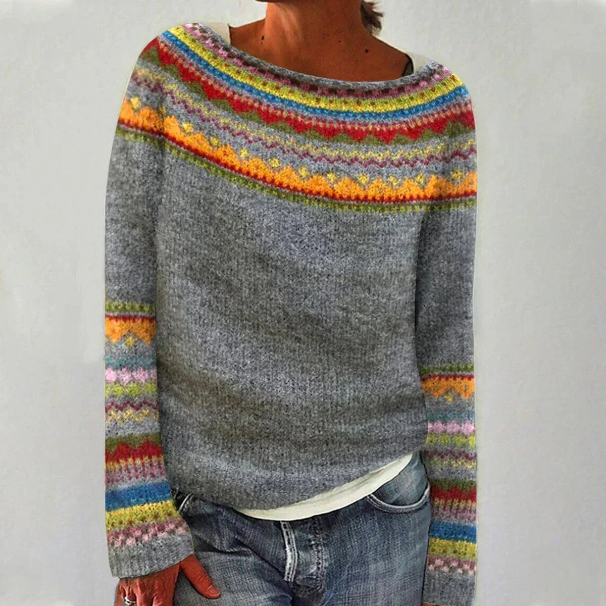Women's colorful Fair Isle pattern knit sweater with boat neck and long sleeves – Grey/Rainbow
