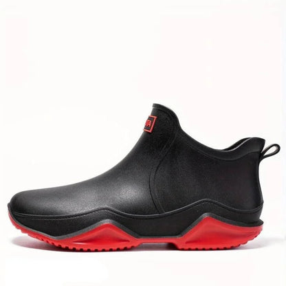 Women's waterproof comfort boots with pull-on tab and contrast sole – Black/Red