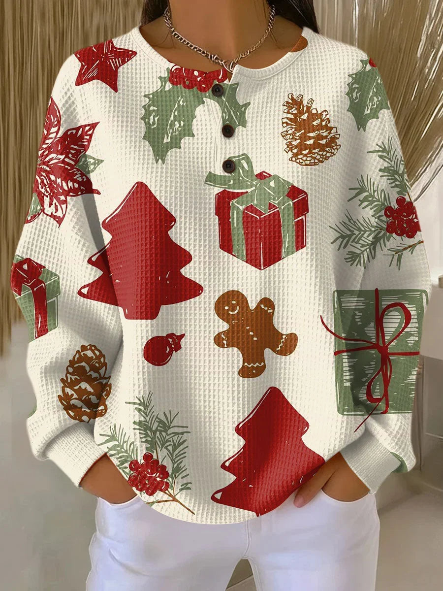 Women's Christmas patterned waffle-knit sweatshirt with long sleeve henley neck – White/Red
