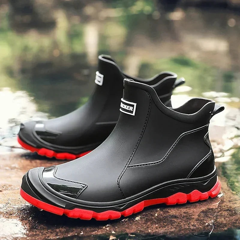 Women's rugged waterproof ankle rain boots with slip-resistant lug sole – Black/Red