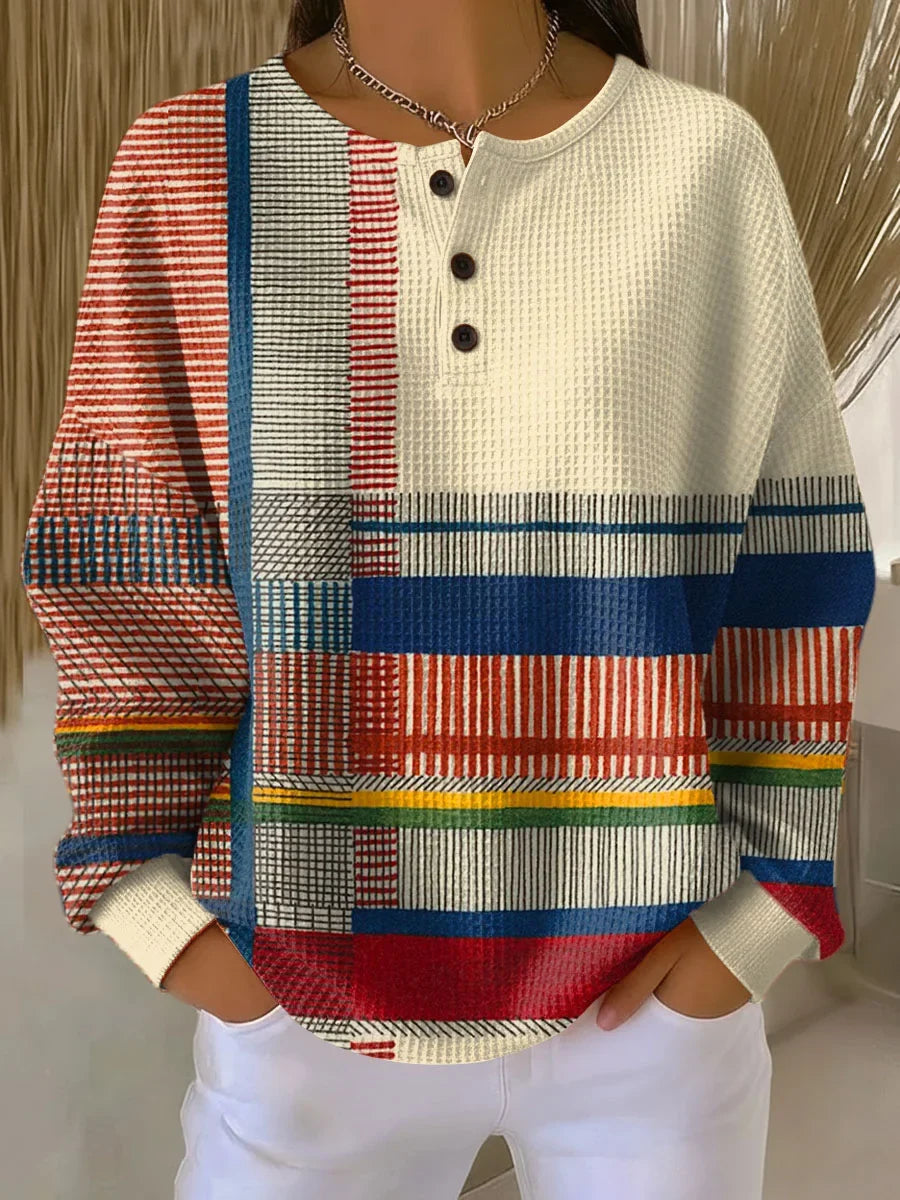 Women's knit button-front crew neck jumper with waffle – Multicolor
