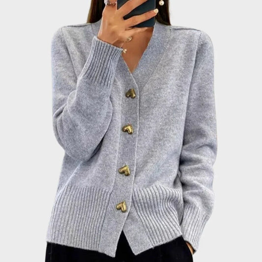 Women's ribbed knit button-up cardigan with heart-shaped buttons