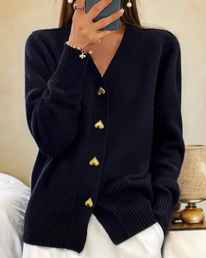 Women's ribbed knit button-up cardigan with heart-shaped buttons – Black