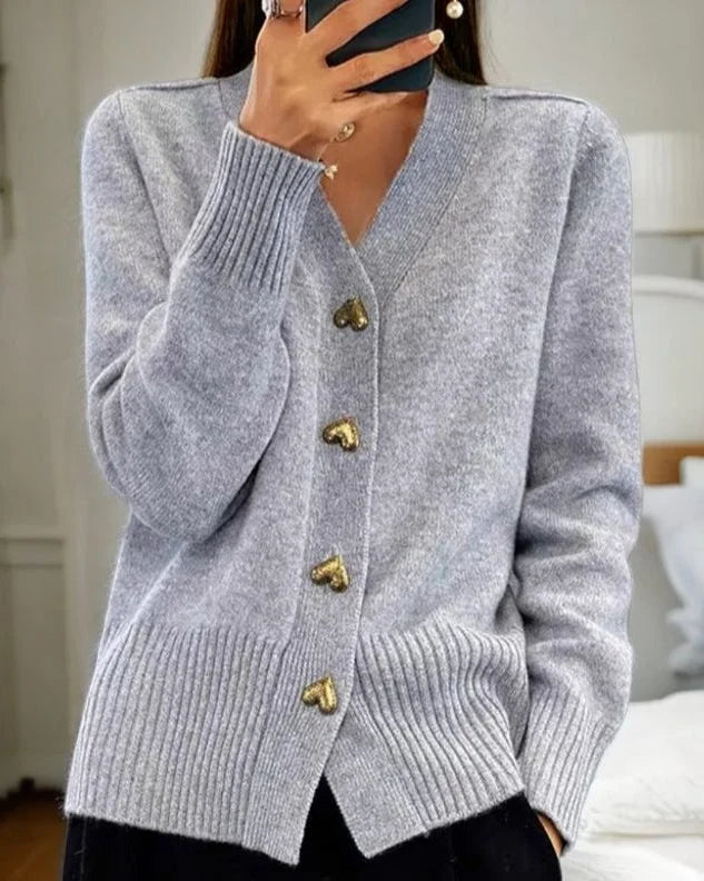 Women's ribbed knit button-up cardigan with heart-shaped buttons – Gray