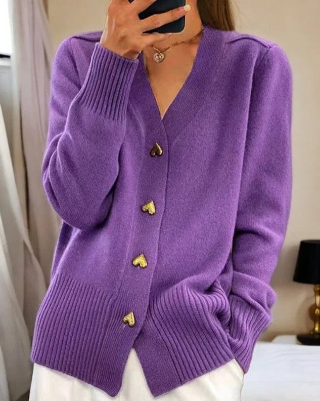 Women's ribbed knit button-up cardigan with heart-shaped buttons – Purple