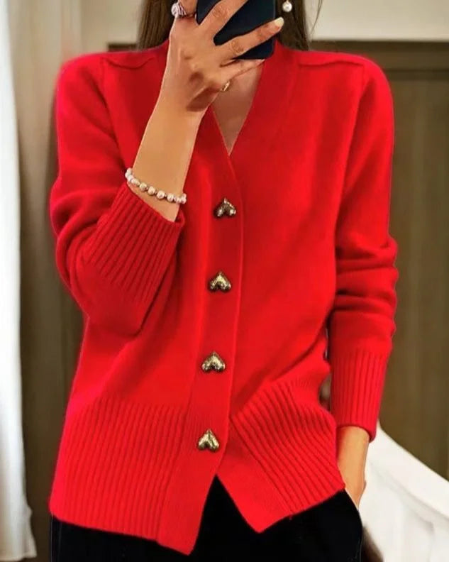 Women's ribbed knit button-up cardigan with heart-shaped buttons – Red