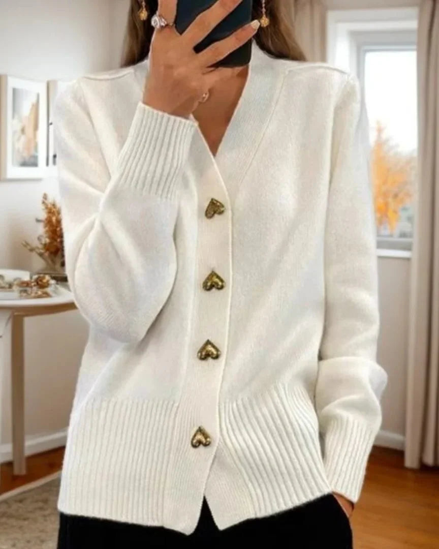 Women's ribbed knit button-up cardigan with heart-shaped buttons – White