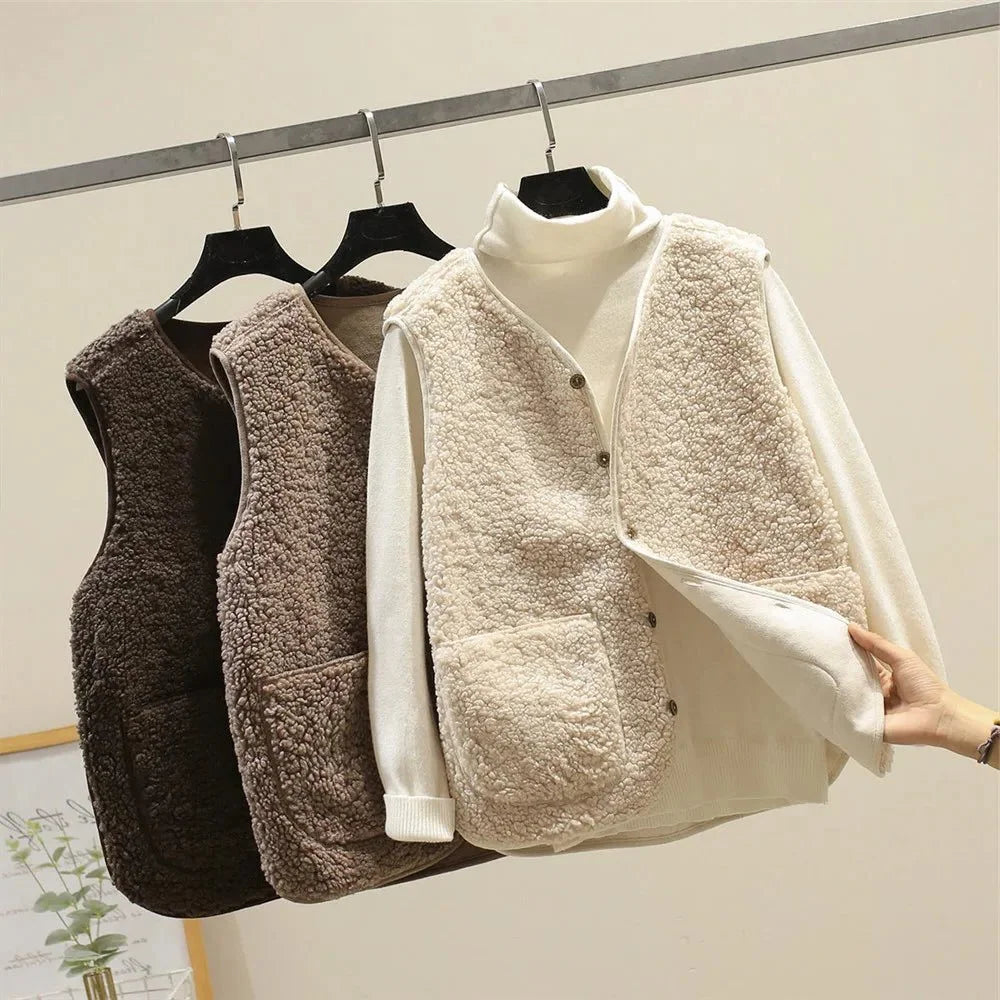 Women's ribbed knit button-up vest with relaxed fit detail