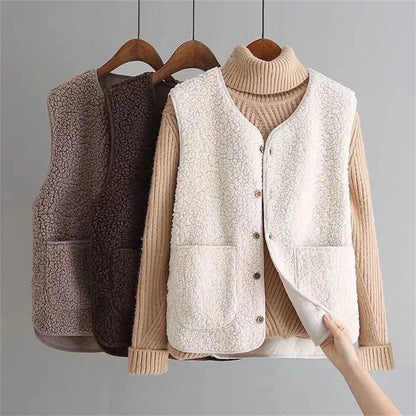 Women's ribbed knit button-up vest with relaxed fit detail – Beige