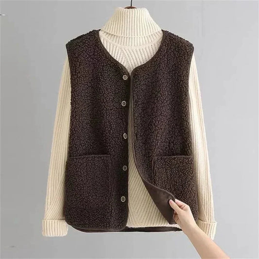 Women's ribbed knit button-up vest with relaxed fit detail – Brown