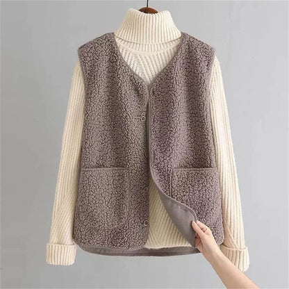 Women's ribbed knit button-up vest with relaxed fit detail – Khaki