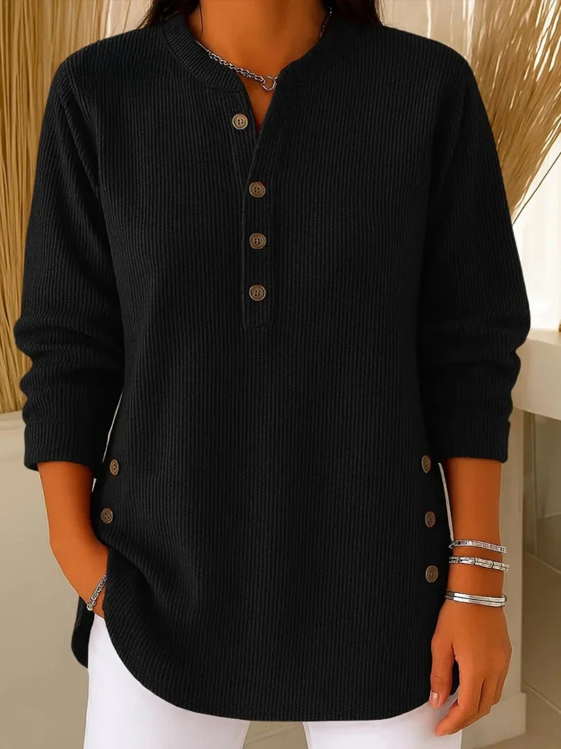 Women's ribbed knit henley top with long sleeves – Black