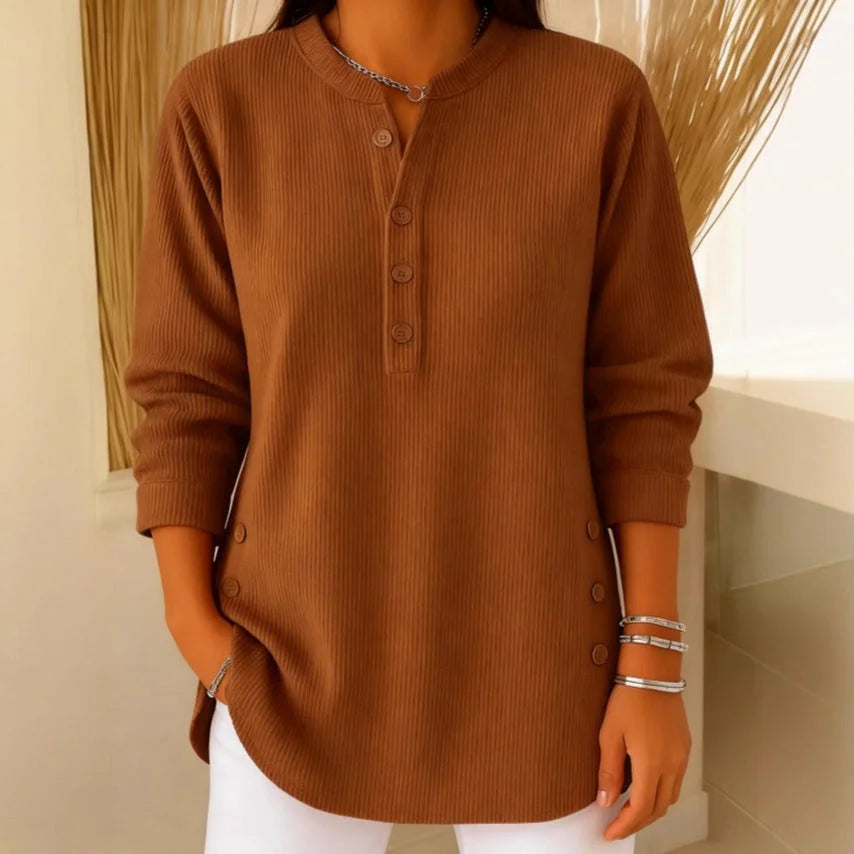 Women's ribbed knit henley top with long sleeves – Brown