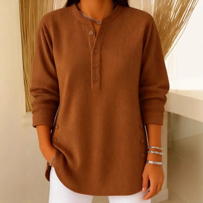 Women's ribbed knit henley top with long sleeves – Brown