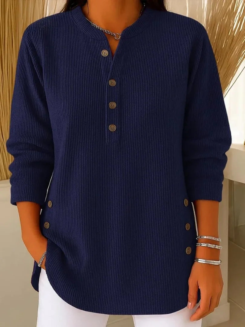 Women's ribbed knit henley top with long sleeves – Dark Blue