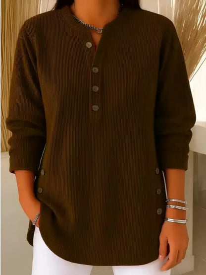 Women's ribbed knit henley top with long sleeves – Dark Brown