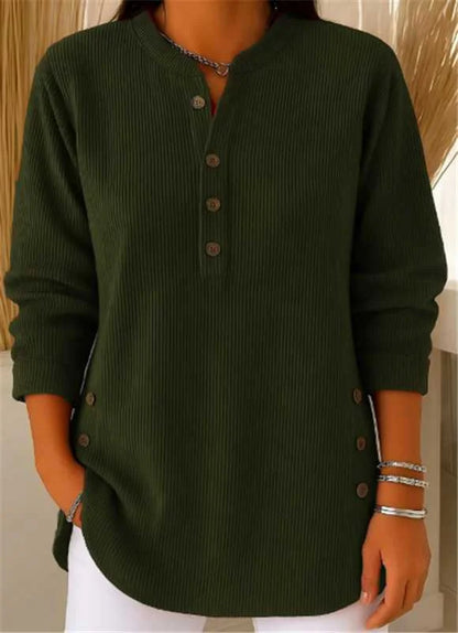Women's ribbed knit henley top with long sleeves – Green