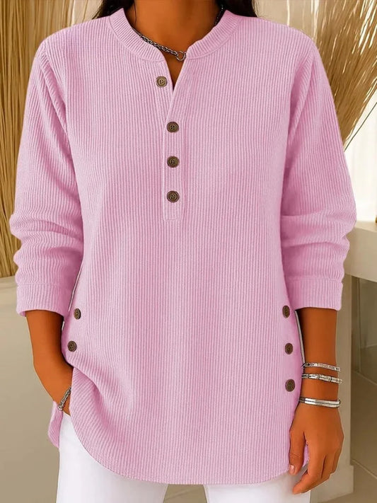 Women's ribbed knit henley top with long sleeves – Pink