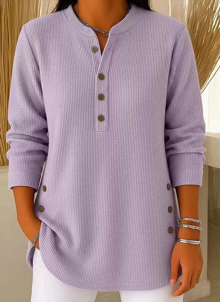 Women's ribbed knit henley top with long sleeves – Purple