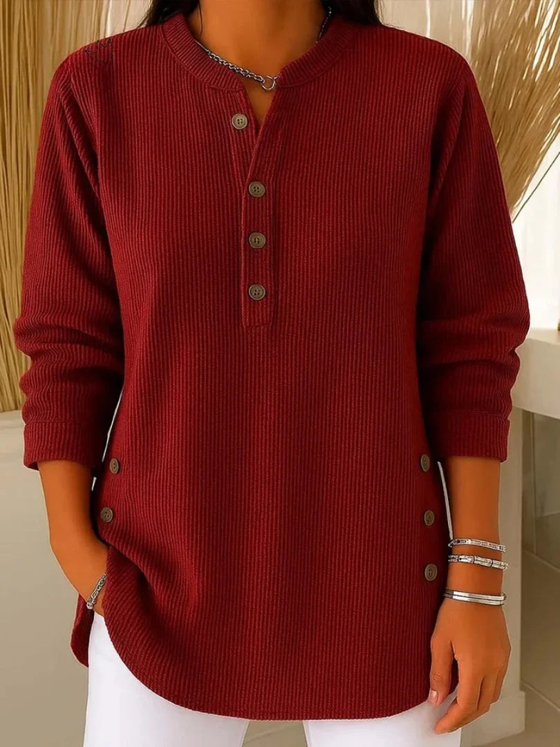Women's ribbed knit henley top with long sleeves – Red