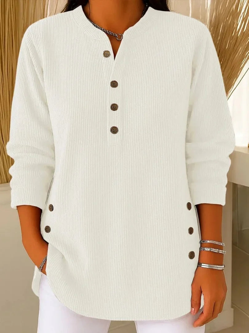 Women's ribbed knit henley top with long sleeves – White