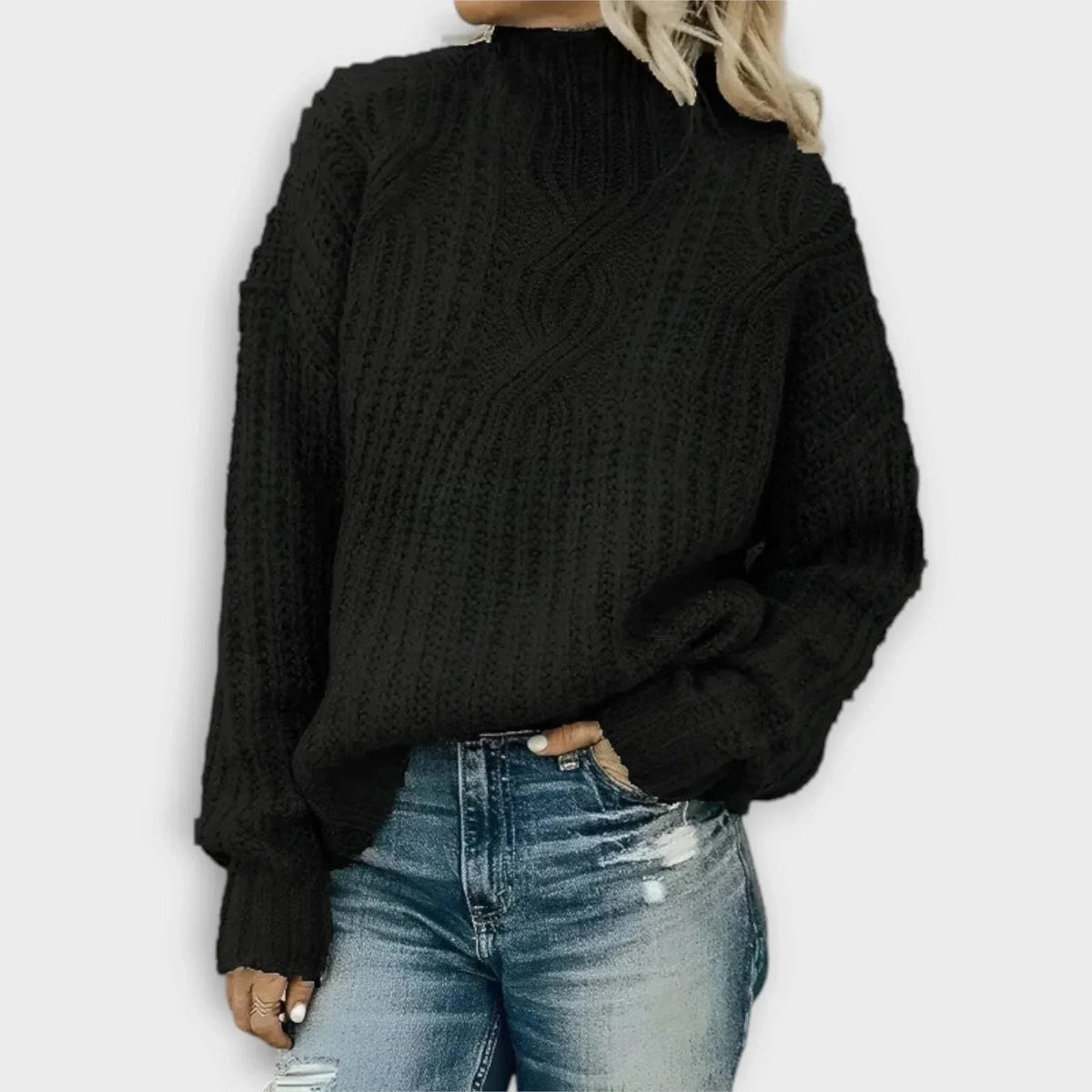 Women's ribbed knit high-neck sweater with relaxed fit – Black