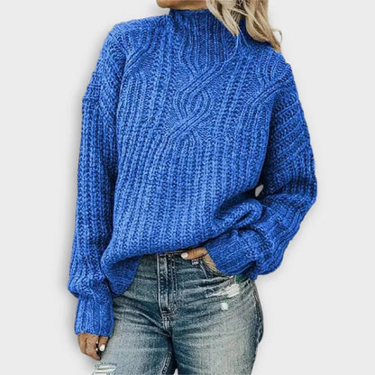 Women's ribbed knit high-neck sweater with relaxed fit – Blue