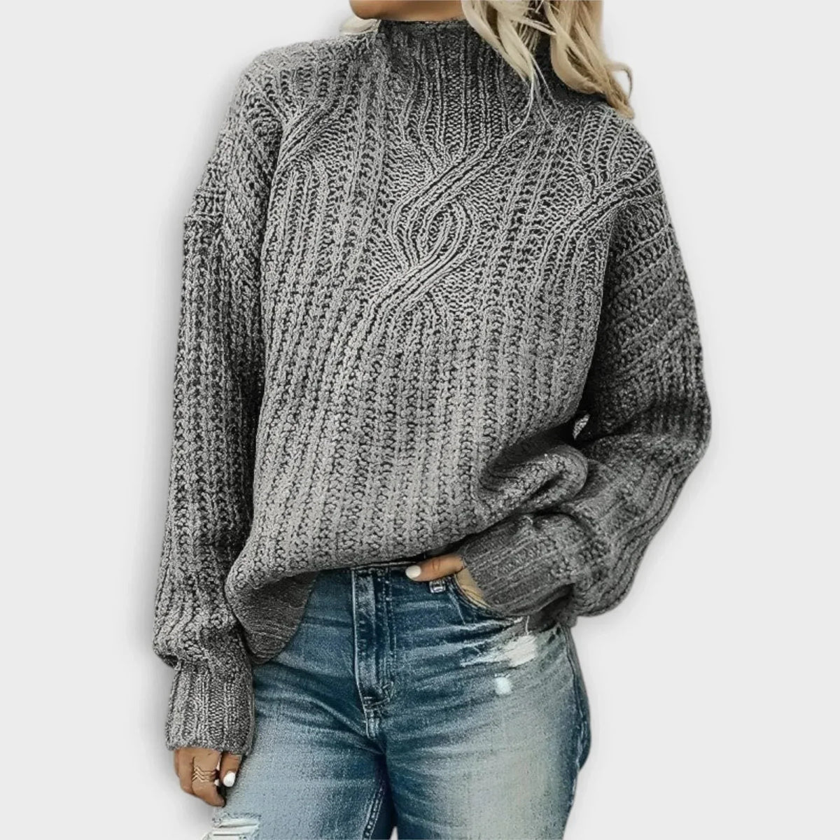 Women's ribbed knit high-neck sweater with relaxed fit – Gray
