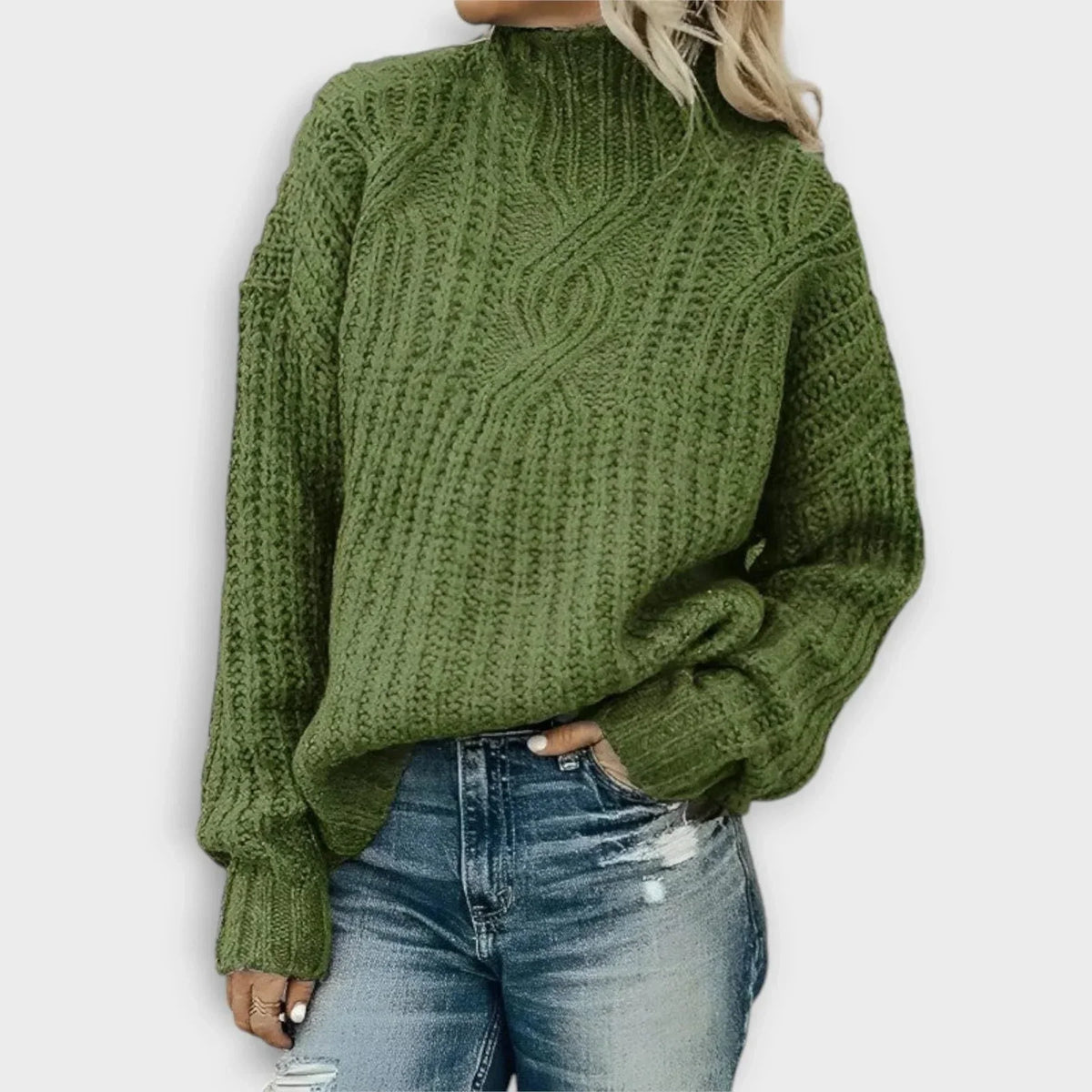 Women's ribbed knit high-neck sweater with relaxed fit – Green