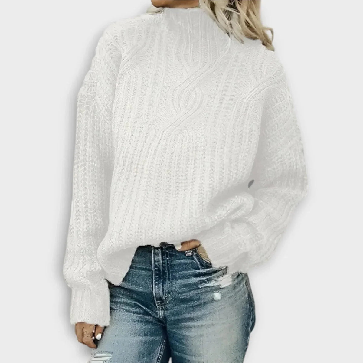 Women's ribbed knit high-neck sweater with relaxed fit – White
