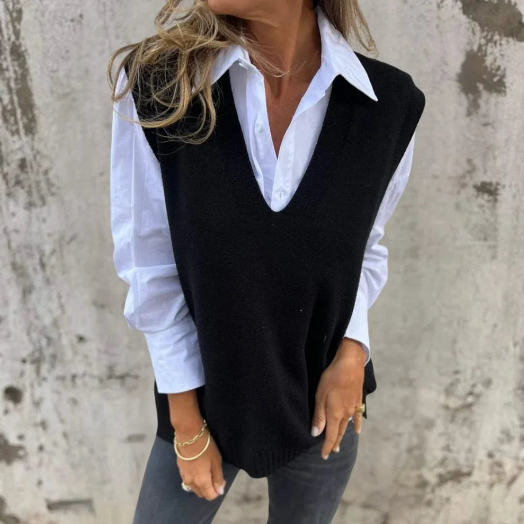 Women's ribbed knit oversized vest with deep V-neck – Black