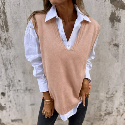 Women's ribbed knit oversized vest with deep V-neck – Peach