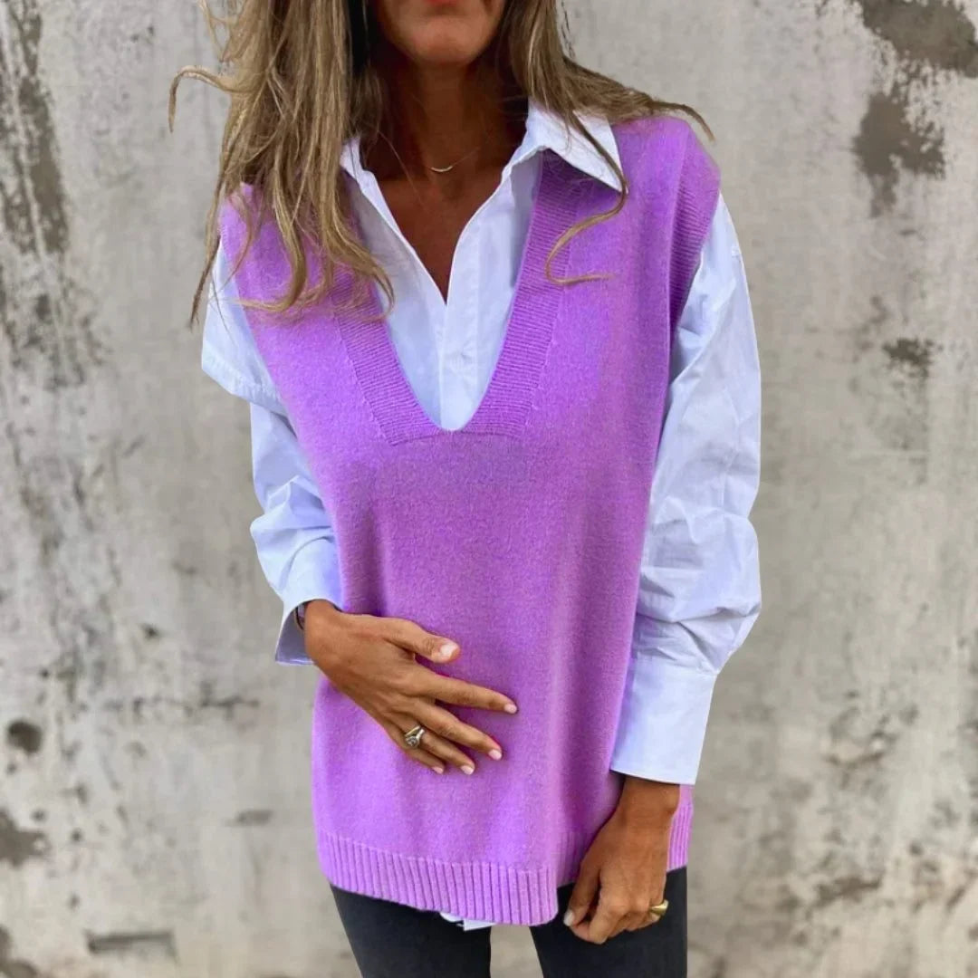 Women's ribbed knit oversized vest with deep V-neck – Purple