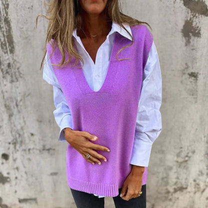 Women's ribbed knit oversized vest with deep V-neck – Purple