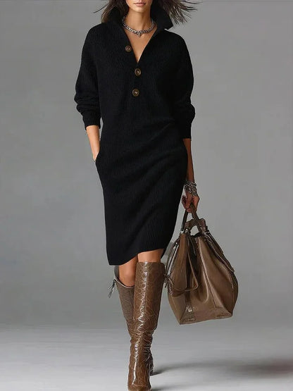 Women's ribbed knit sweater dress with collared button front – Black