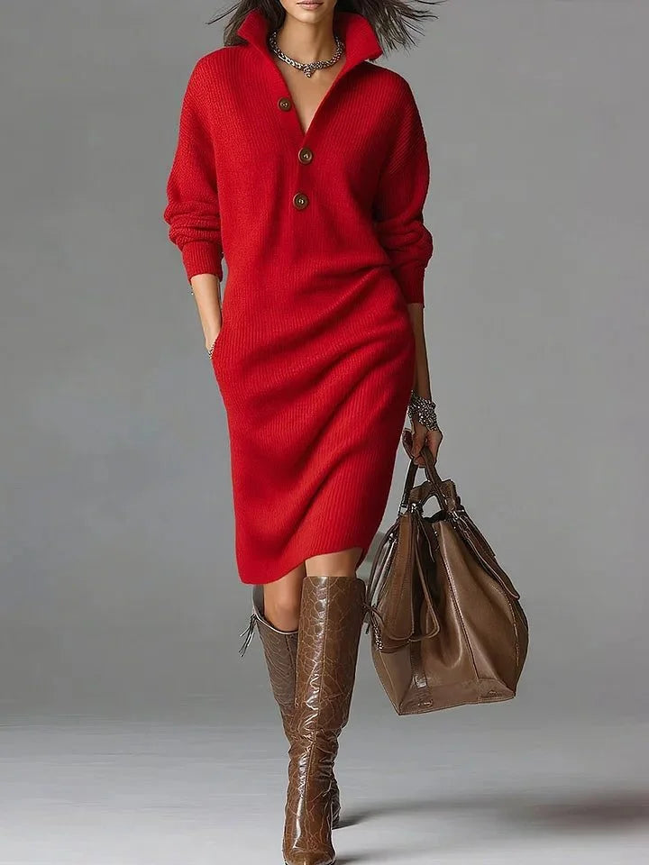 Women's ribbed knit sweater dress with collared button front – Red