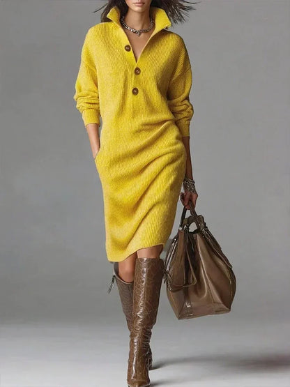 Women's ribbed knit sweater dress with collared button front – Yellow