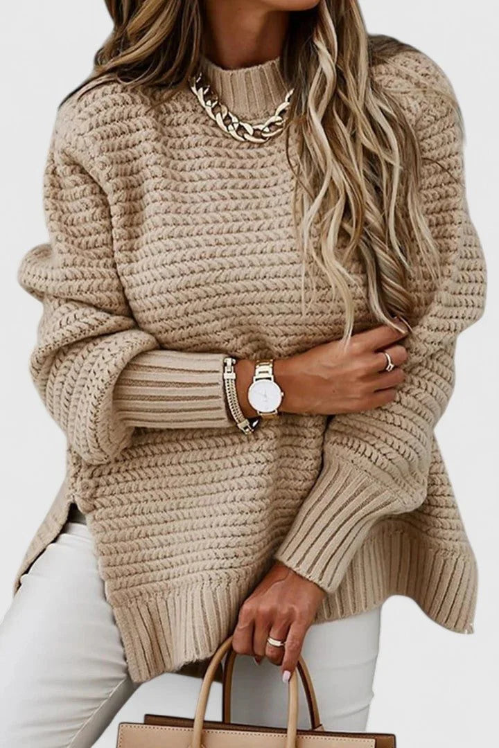Women's ribbed knit sweater set with matching tie belt – Apricot
