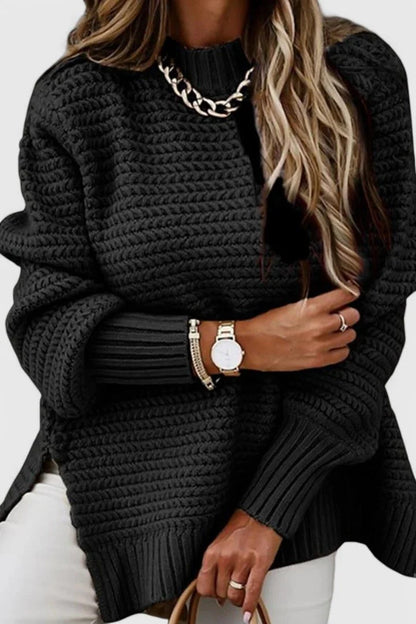Women's ribbed knit sweater set with matching tie belt – Black